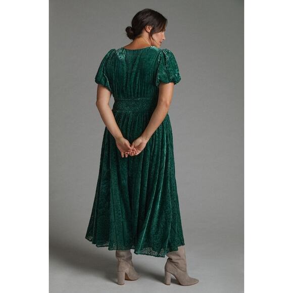 NWT Anthropologie Maxi Dress Green Puff-Sleeve Burnout Velvet 24W, 3X Boho Party - Picture 2 of 9